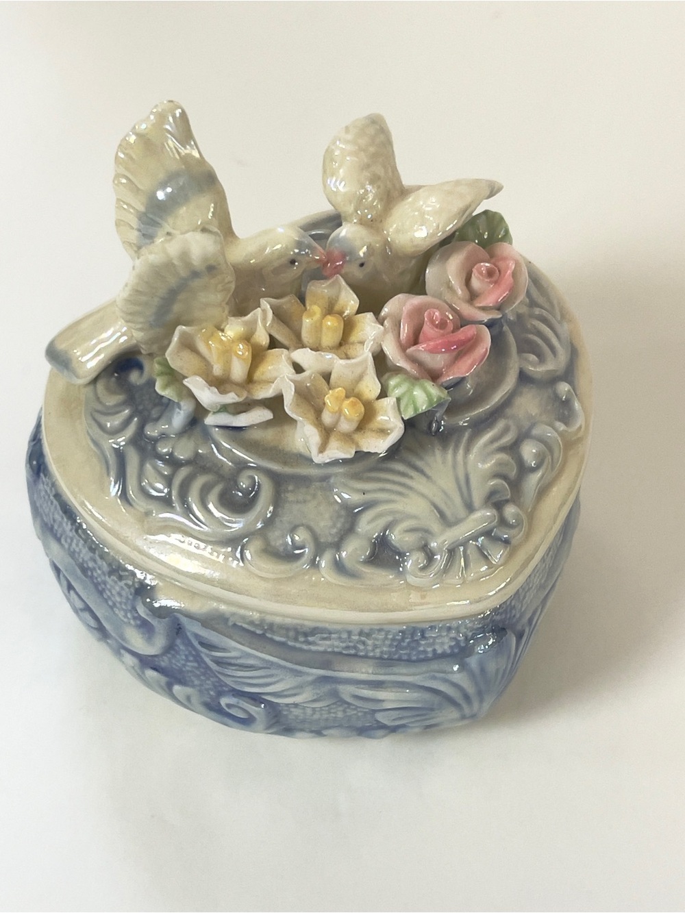 Vintage Porcelain Heart & Dove Trinket Box with Pink & Yellow Rose Accents